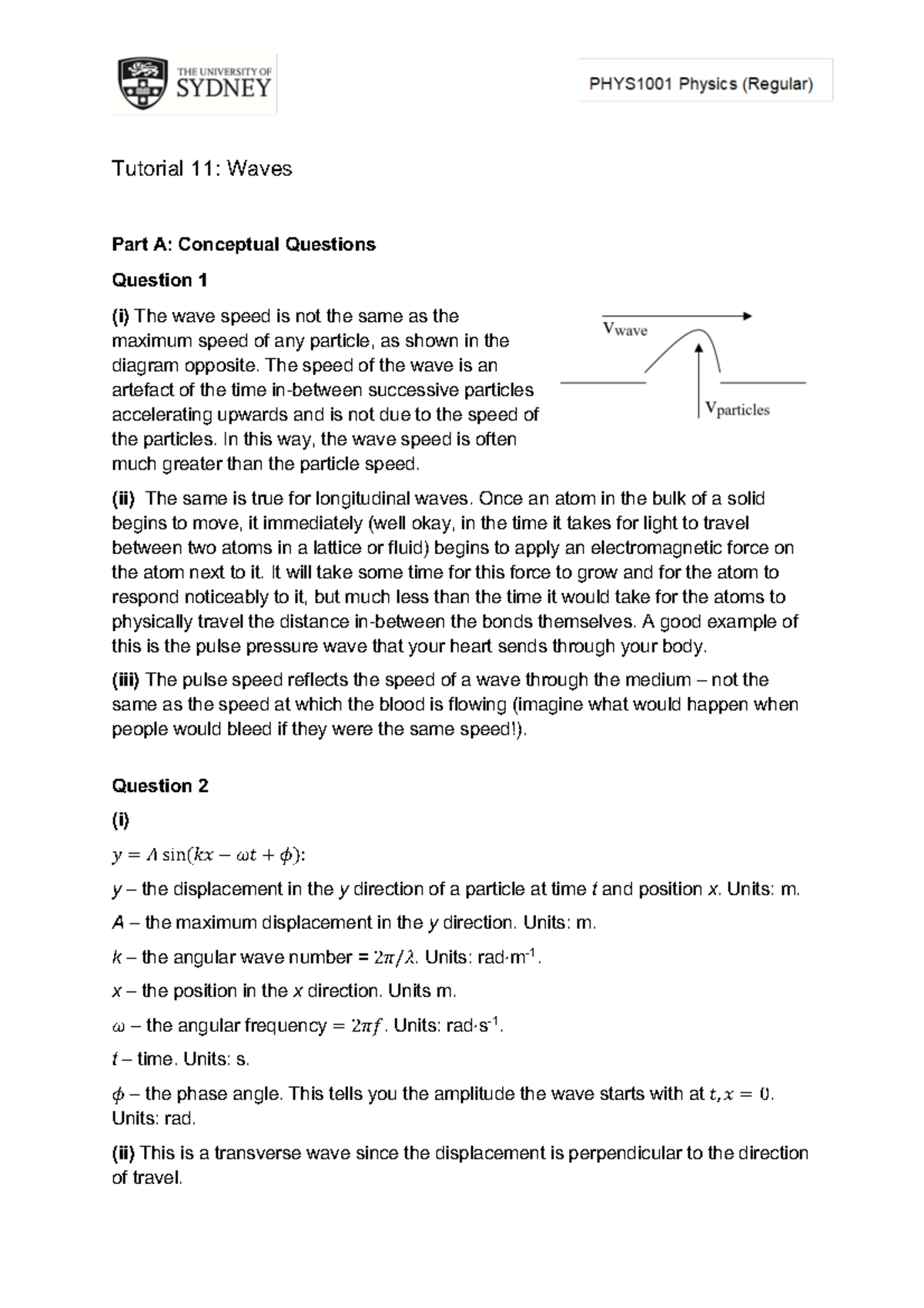 Phys1001 Tutorial 11 Solution - Tutorial 11: Waves Part A: Conceptual ...