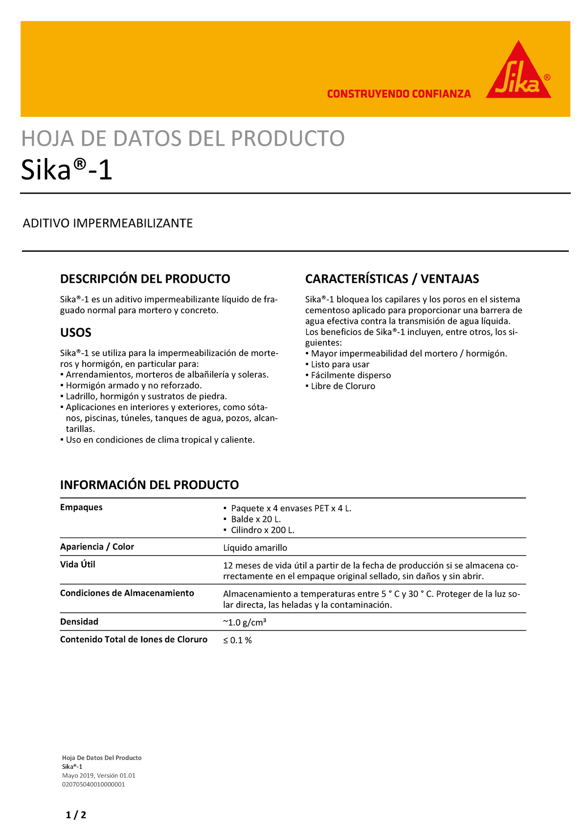 HT-SIKA 1 - Aditivo - HOJA DE DATOS DEL PRODUCTO Sika®- ADITIVO ...