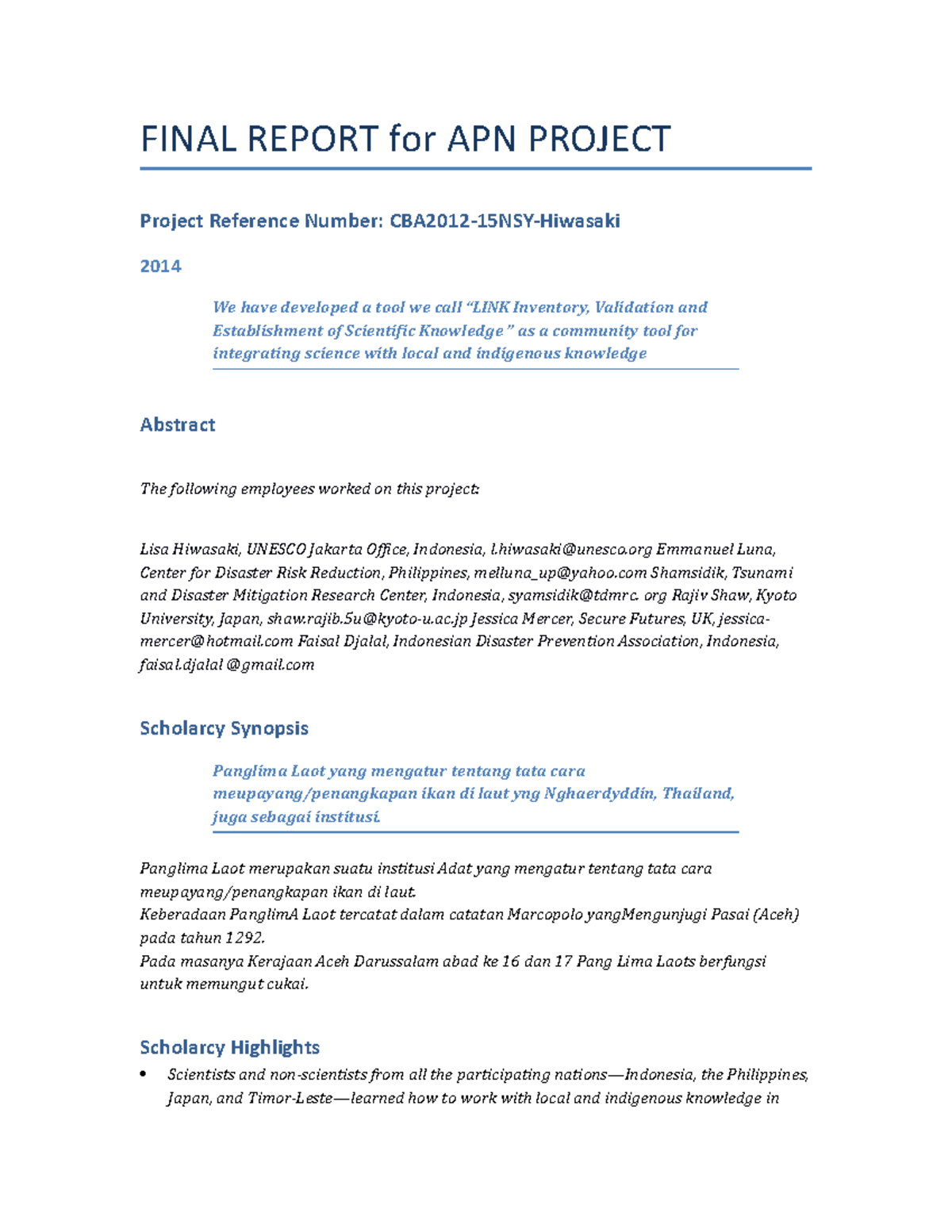Final Report for APN Project - FINAL REPORT for APN PROJECT Project ...