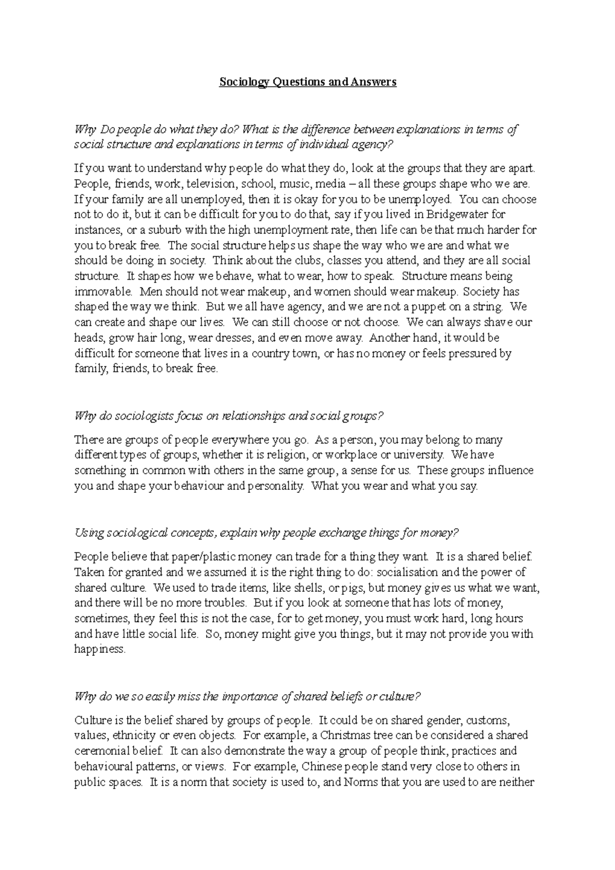 Tutorial questions sociology Sociology Questions and Answers Why Do people do what they do