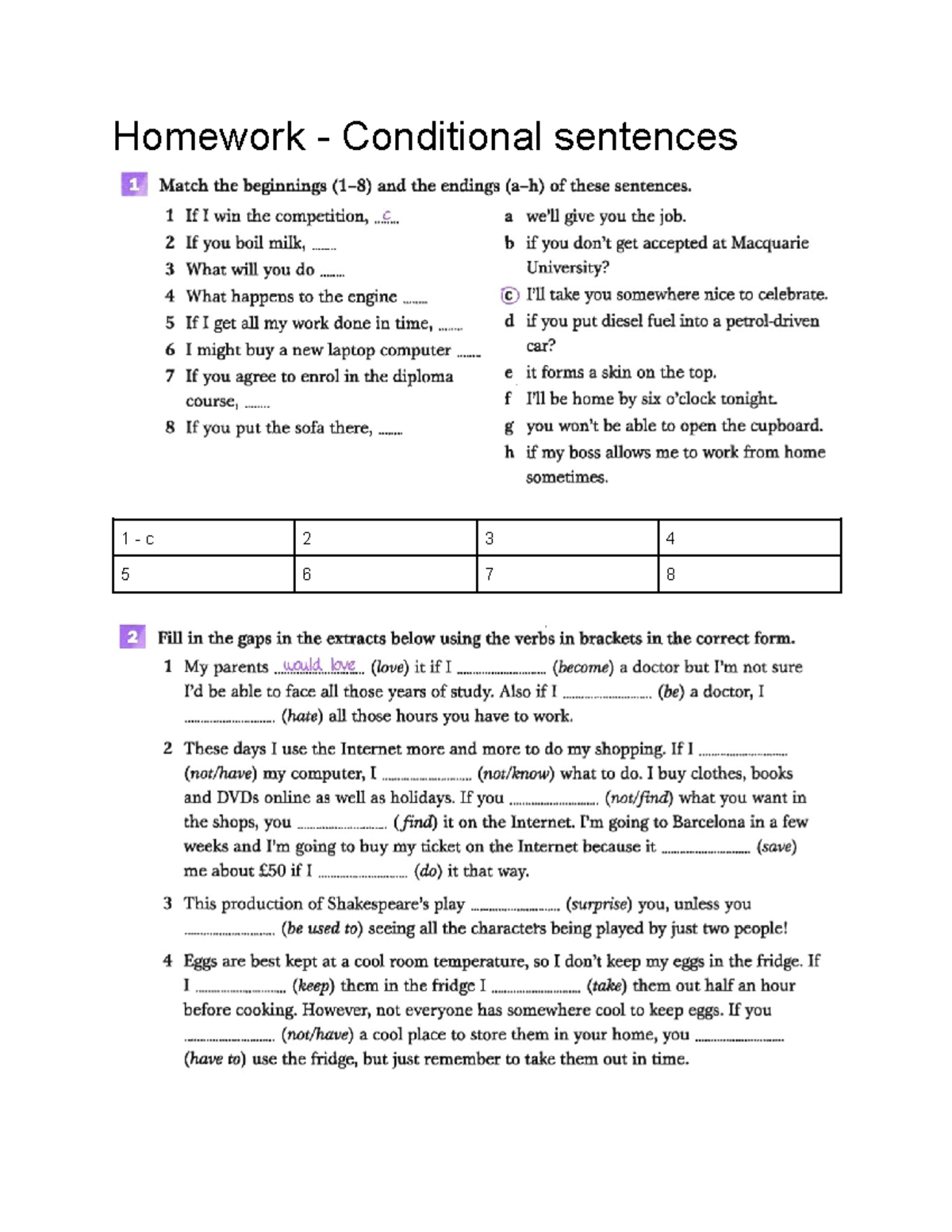 homework with example sentences