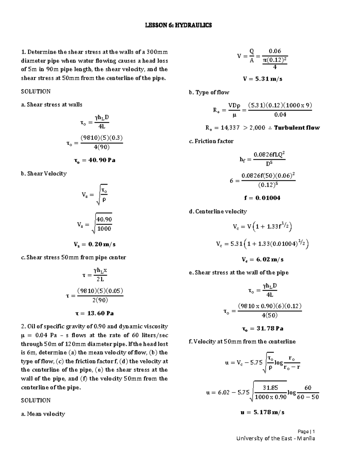 Lesson6 Summary civil engineering Page 1 LESSON 6 HYDRAULICS Determine the shear stress
