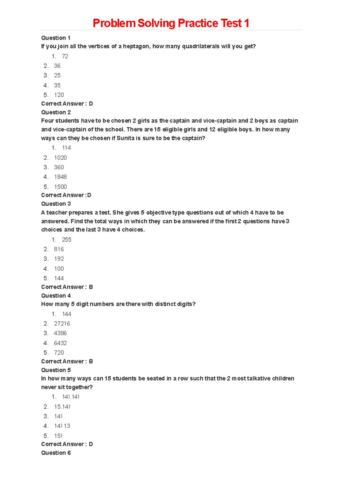 Problem Solving Practice Test 01 - There are 15 eligible girls and 12 ...