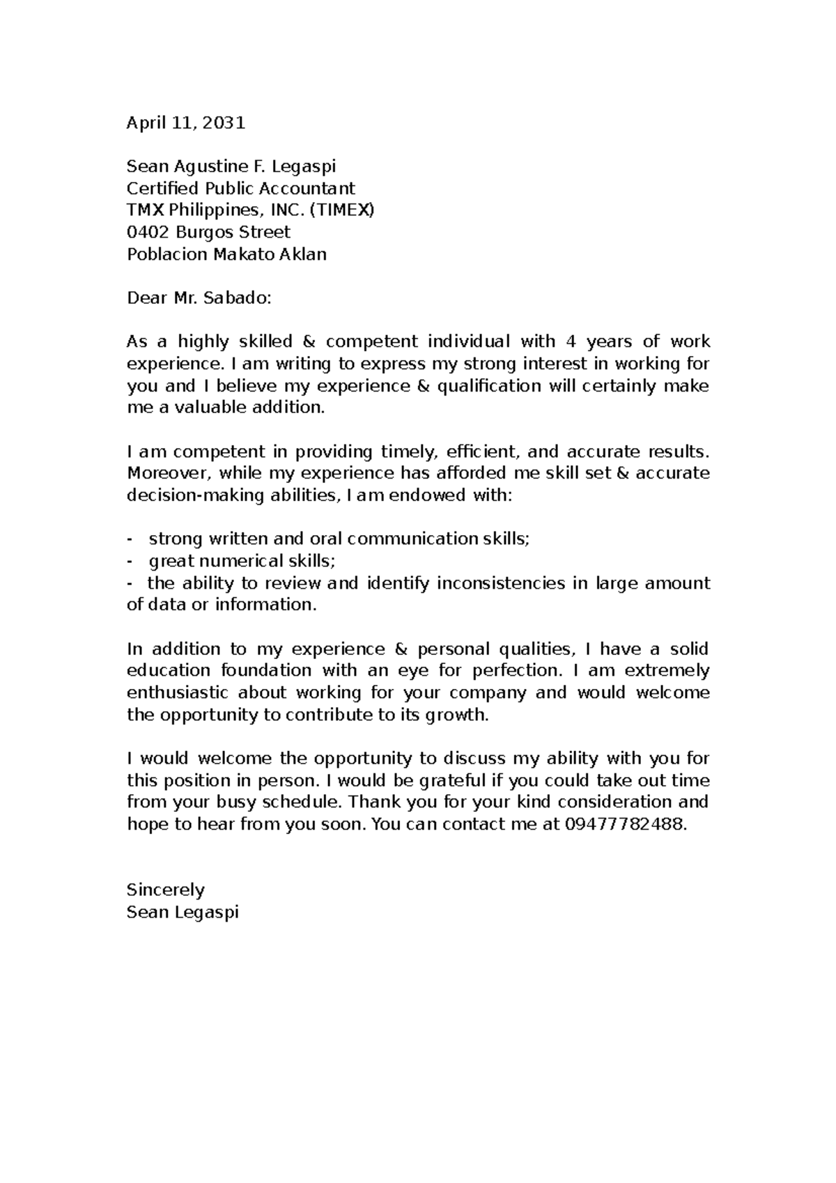 Application Letter for My Resume - April 11, 2031 Sean Agustine F ...