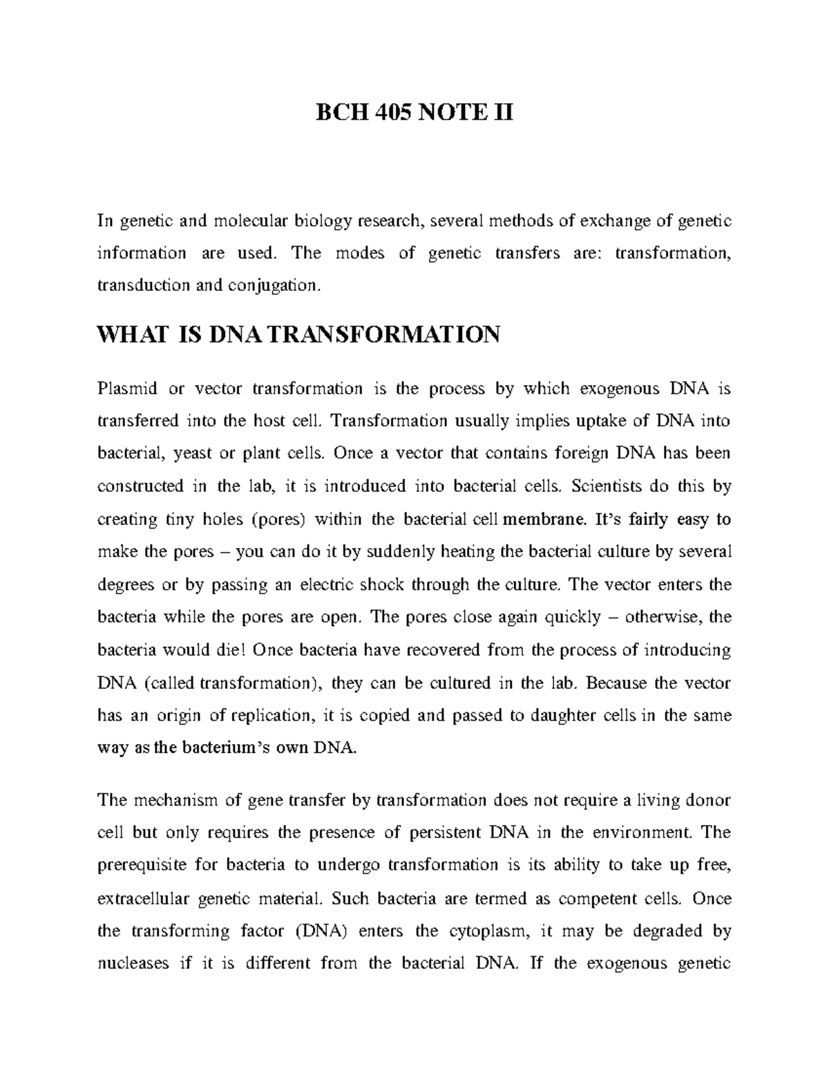 BCH 405 NOTE II - BCH 495 - BCH 405 NOTE II In Genetic And Molecular ...