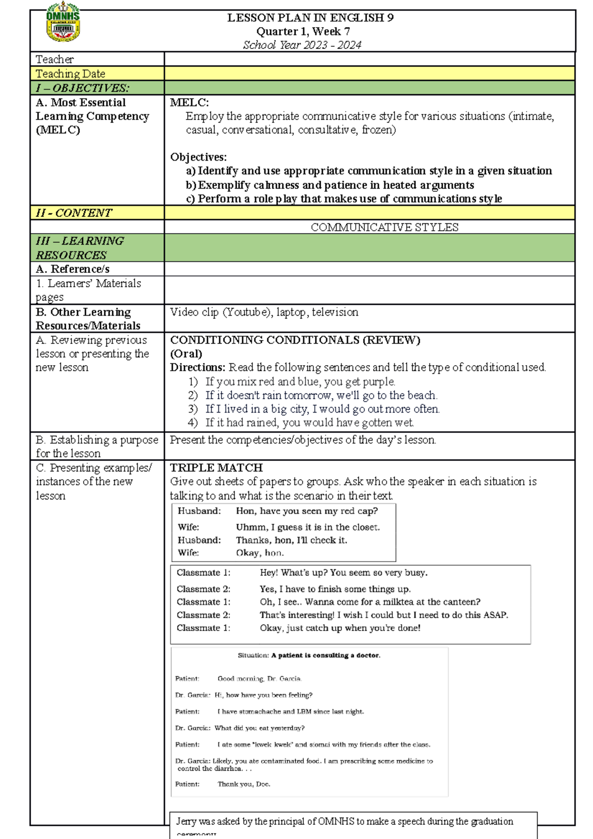 DLP (Communicative STyles - LESSON PLAN IN ENGLISH 9 Quarter 1, Week 7 ...