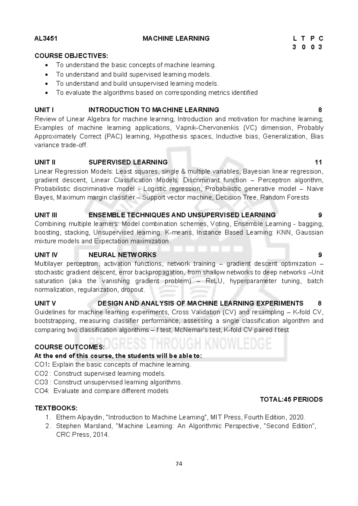 ML syllabus - 74 AL3451 MACHINE LEARNING L T P C 3 0 0 3 COURSE ...
