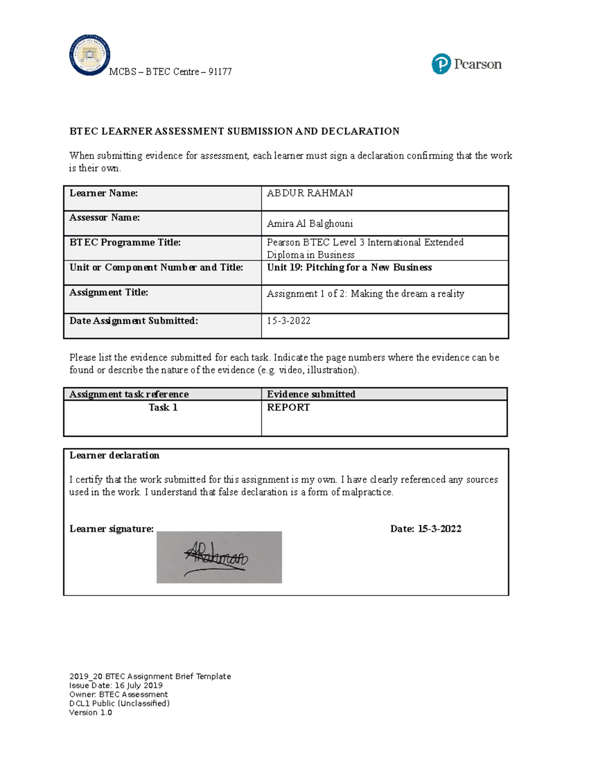 Unit 19 declaration form A1 - Business Environment - Studocu