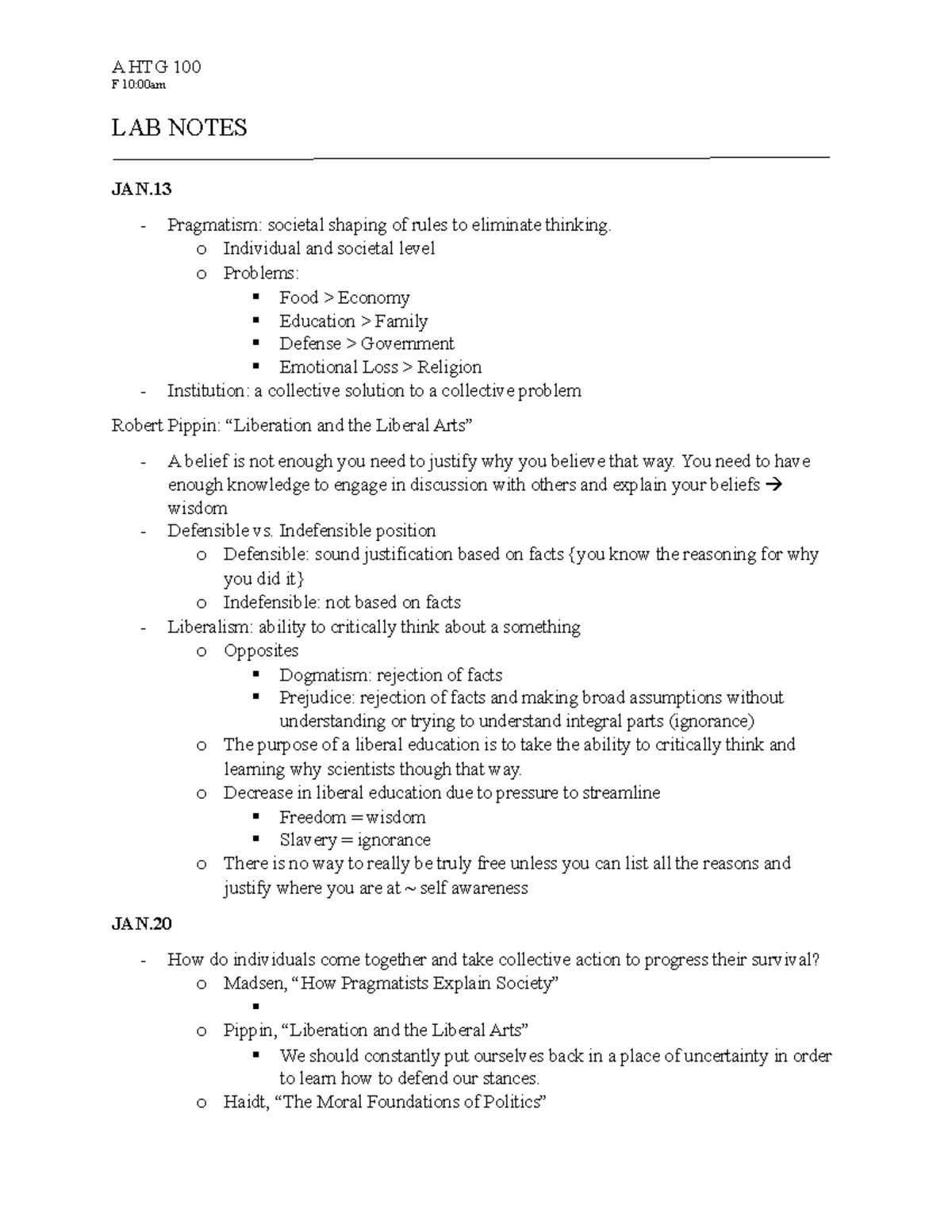 LAB Notes - A HTG 100 F 10:00am LAB NOTES JAN. Pragmatism: societal ...