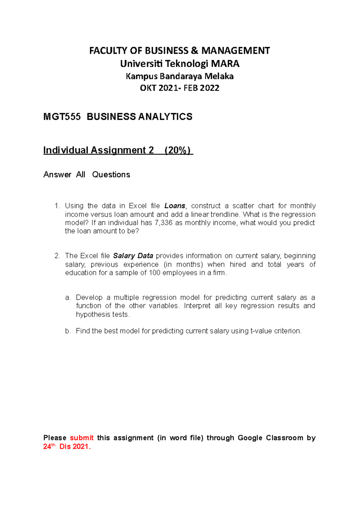 TUTORIAL ASSIGNMENT - FACULTY OF BUSINESS & MANAGEMENT Universiti ...