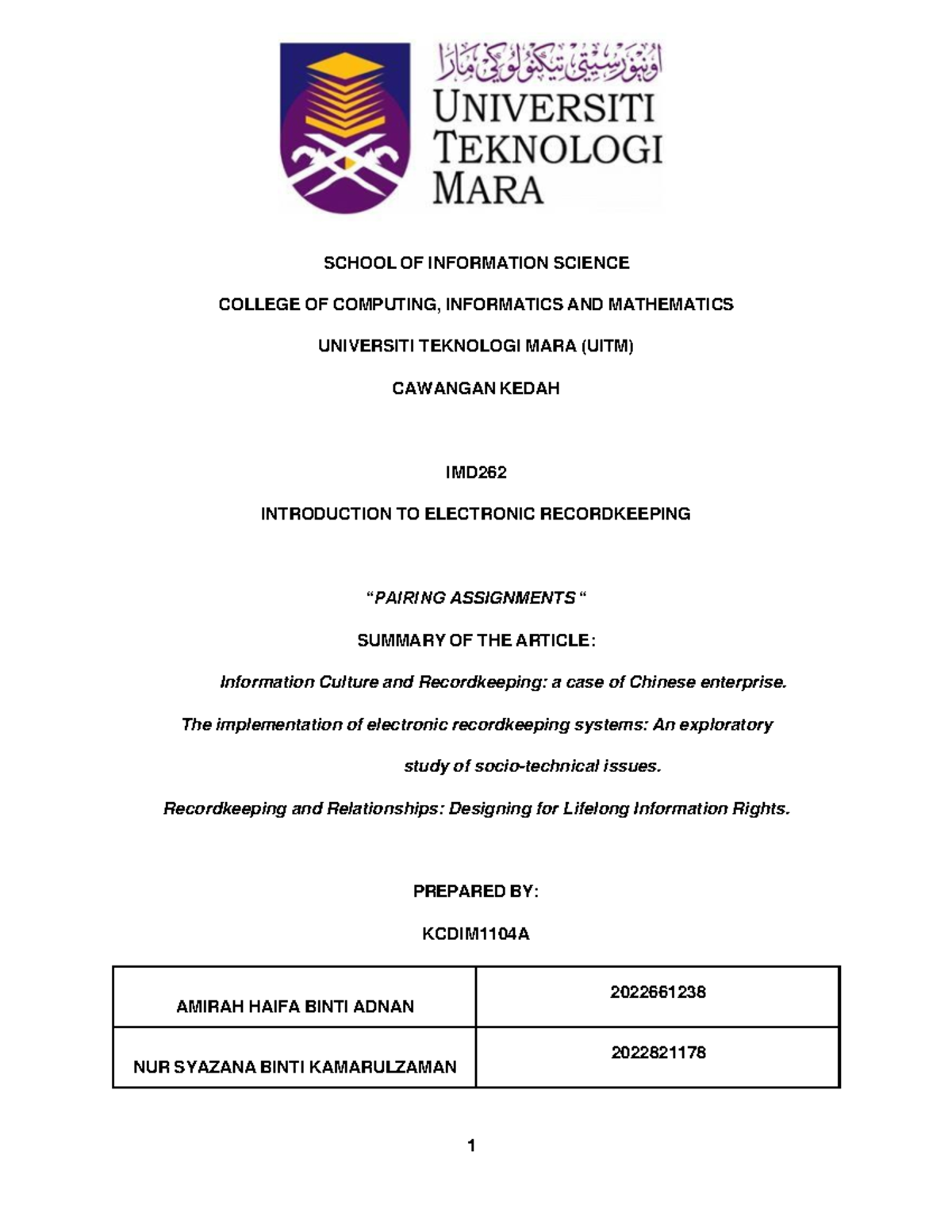 IMD262 Assignment 1 Kcdim 1104A 2022821178 2022661238 - SCHOOL OF ...