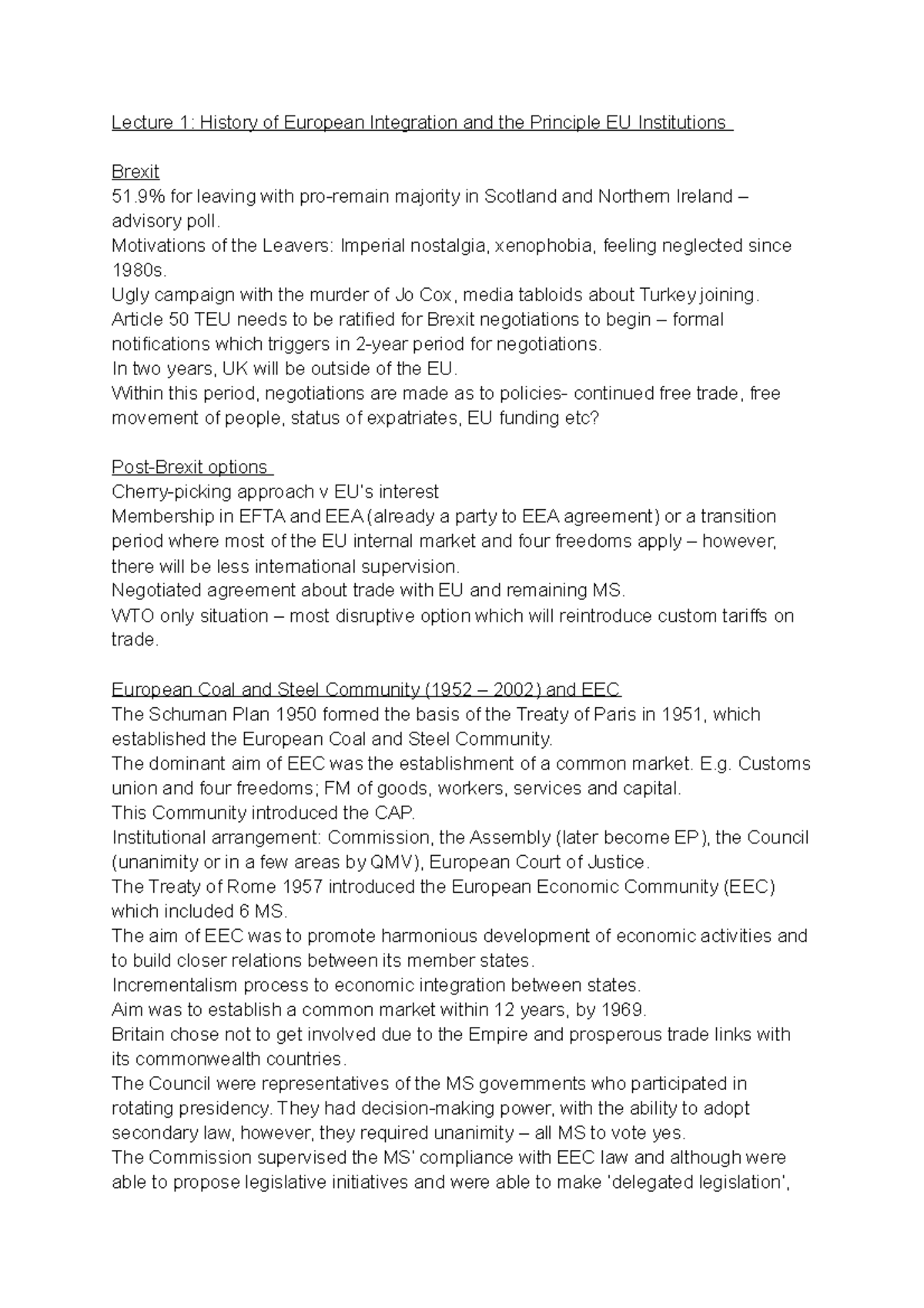 EU Law Exam Revision Notes - Lecture 1: History of European Integration ...