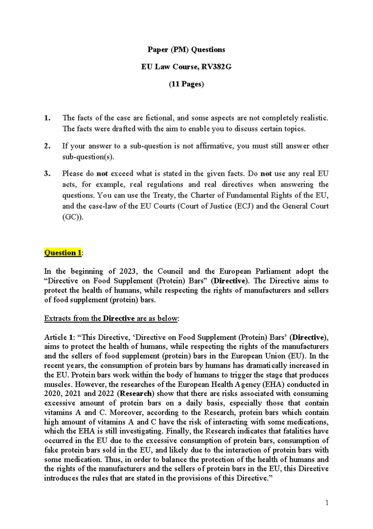Paper (PM) Questions (PDF) - Paper (PM) Questions EU Law Course, RV382G ...