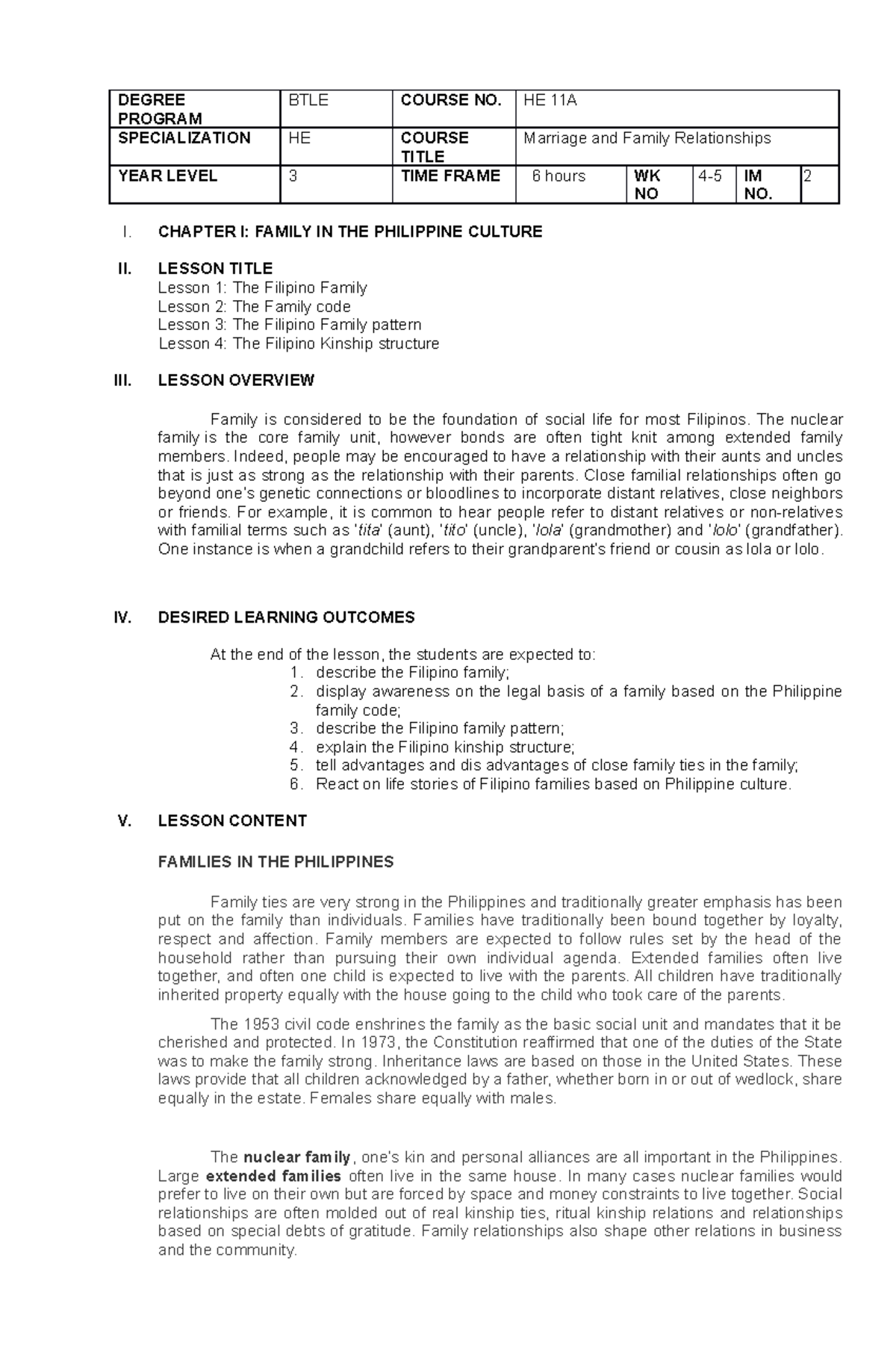 HE 11A Module 2 - Home Economics - DEGREE PROGRAM BTLE COURSE NO. HE ...