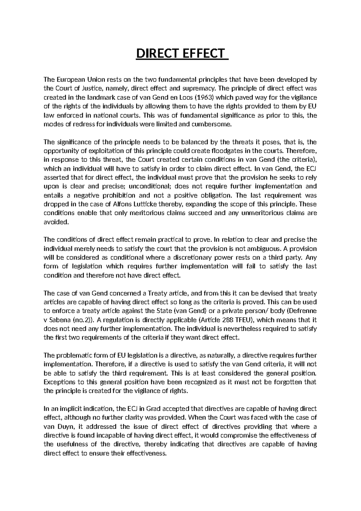 Direct Effect essay - DIRECT EFFECT The European Union rests on the two ...