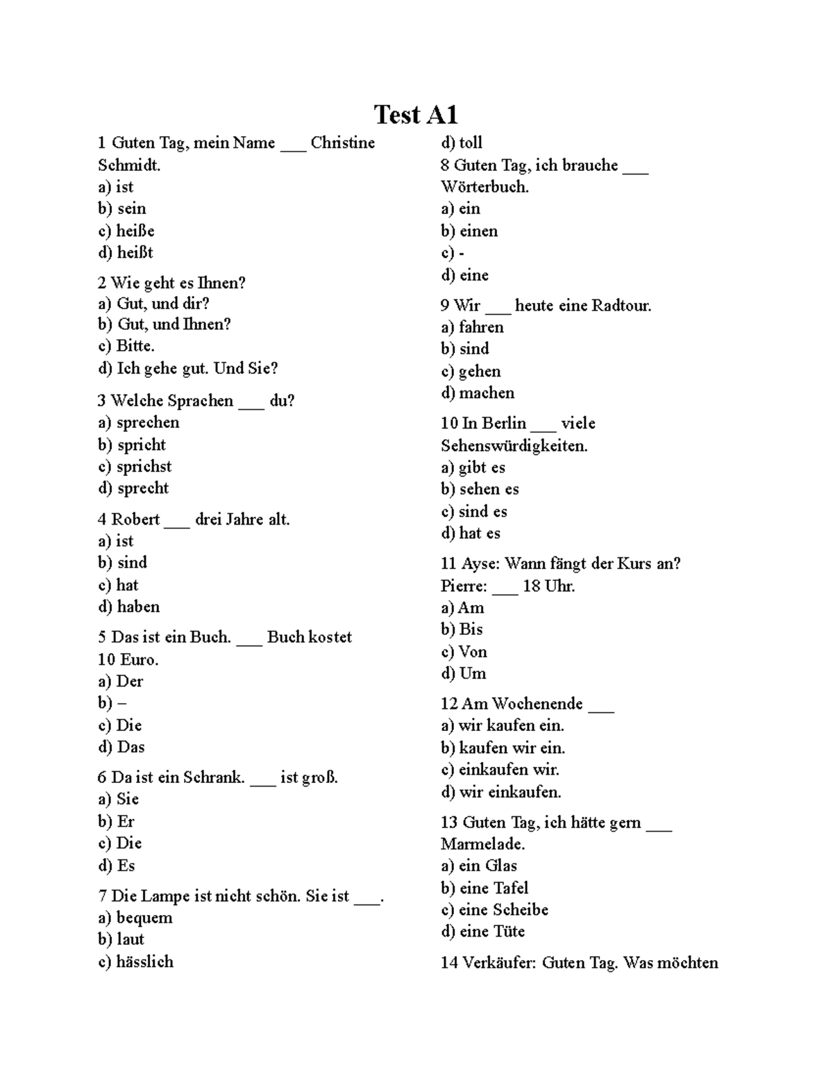 Test a1 - Deutsch test - Test A 1 Guten Tag, mein Name ___ Christine ...
