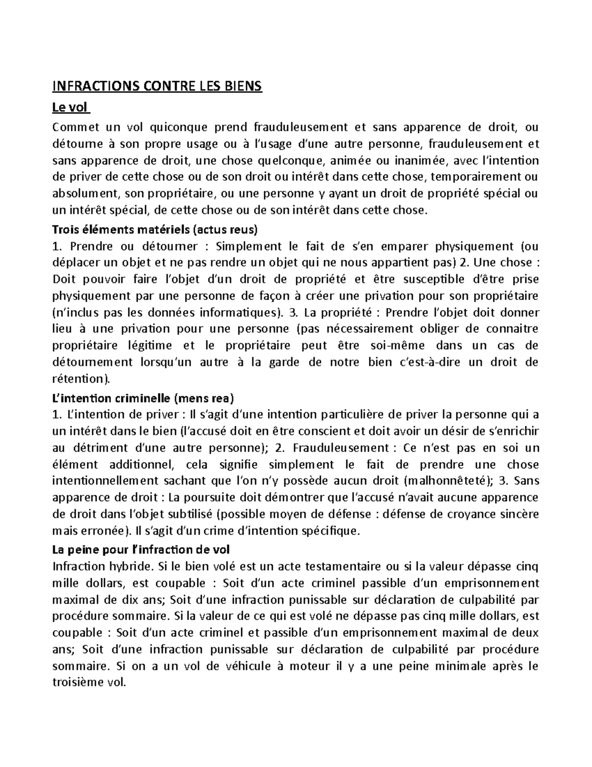 Droit pénal général Notes de cours partie III - INFRACTIONS CONTRE LES ...