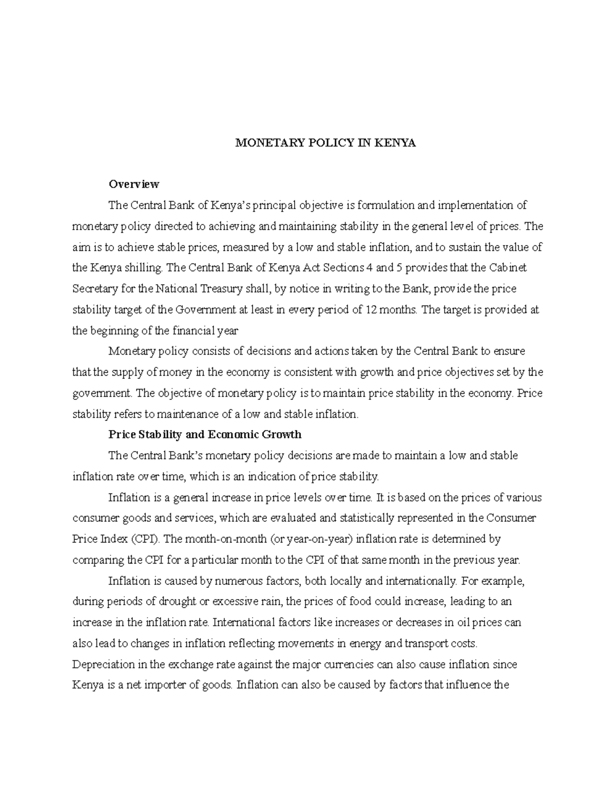 Monetary Policy IN Kenya - Economics and finance - KYU - Studocu