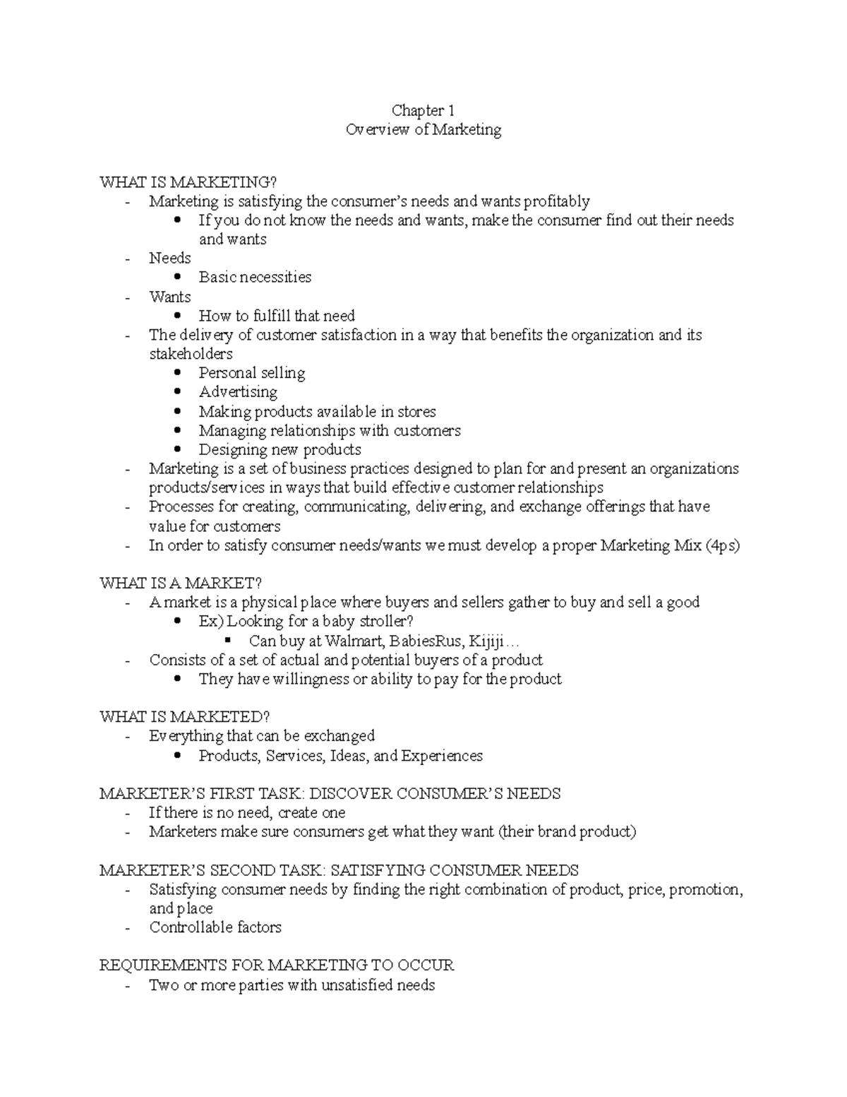 Chapter 1 Notes - Chapter 1 Overview Of Marketing WHAT IS MARKETING ...