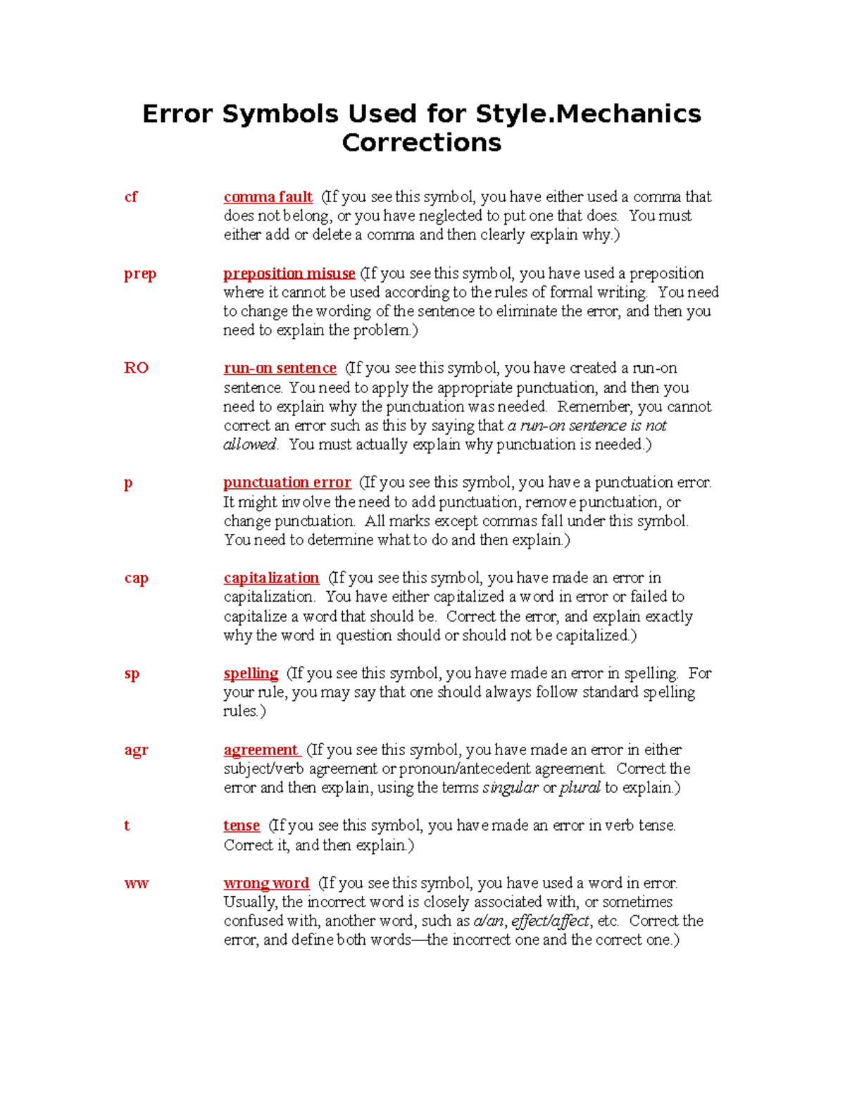 Error Symbols hihihi Error Symbols Used for Style Corrections cf