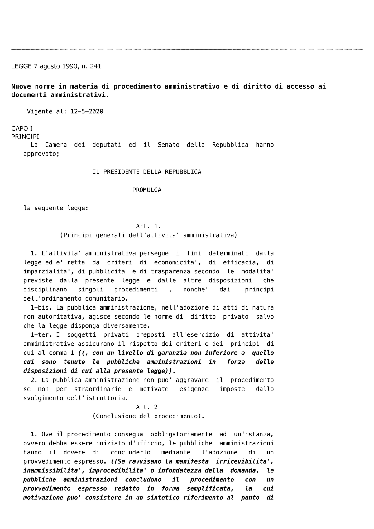 Legge 241/1990 sul procedimento amministrativo - LEGGE 7 agosto 1990, n