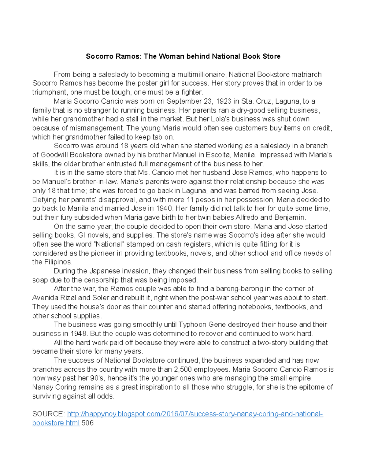 Reflection Paper Socorro Ramos The Woman behind National Book Store