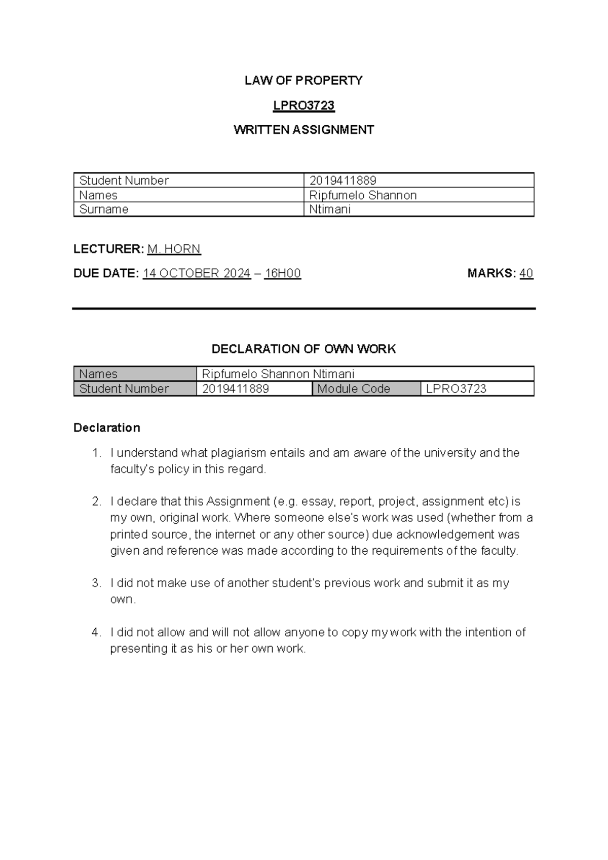 LPRO Assignment Final - LAW OF PROPERTY LPRO WRITTEN ASSIGNMENT Student ...