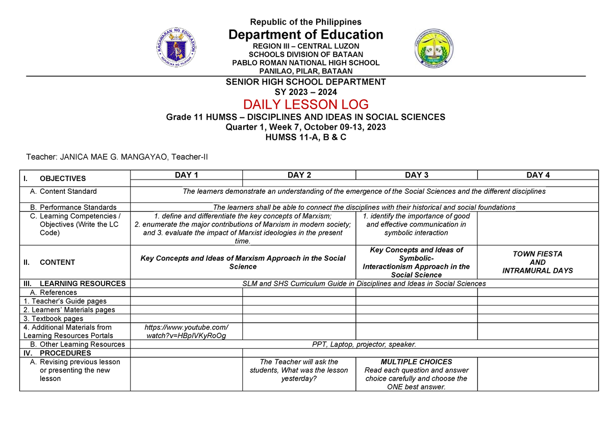 WEEK7 Daily Lesson LOG DISS Janica MAE Mangayao - Republic of the ...