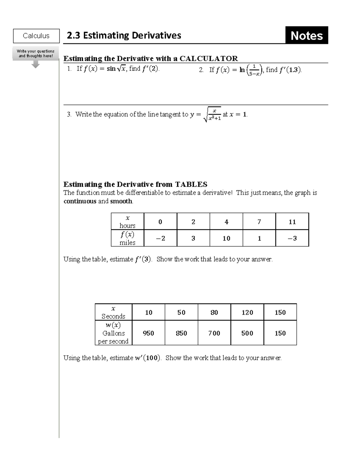 Calc 2 - Practice problems - Estimating the Derivative with a ...