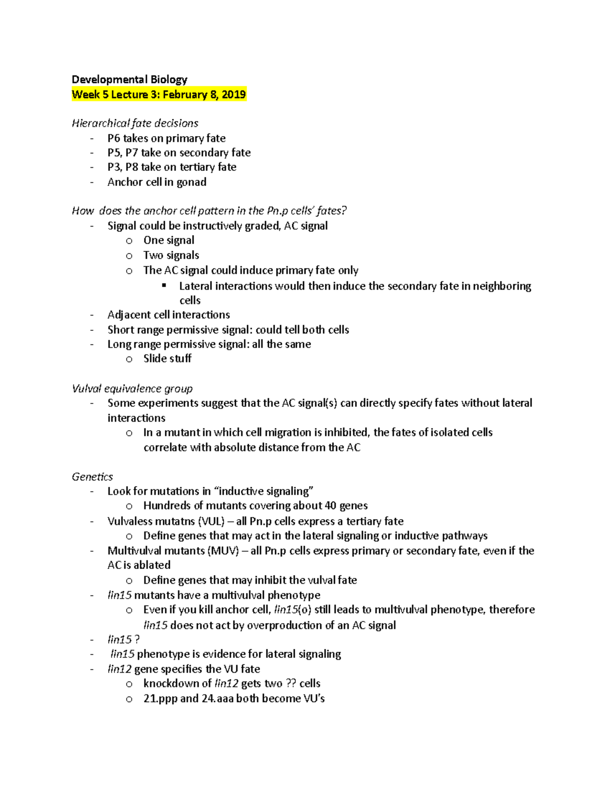 Devbio W5L3 - Lecture notes Week 5 Lecture 3 - Developmental Biology ...