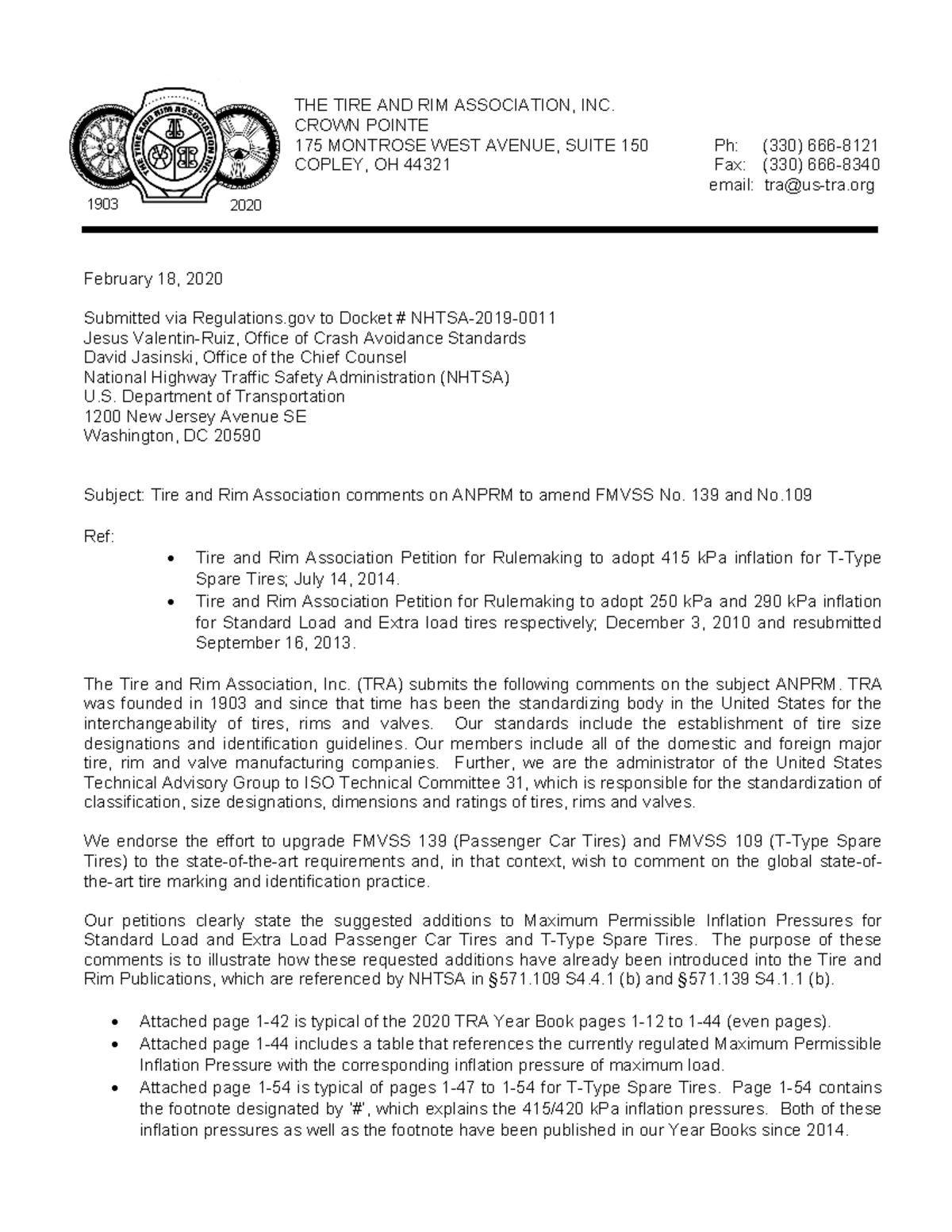 Nhtsa201900110010 attachment 1 THE TIRE AND RIM ASSOCIATION, INC. CROWN POINTE 175 MONTROSE