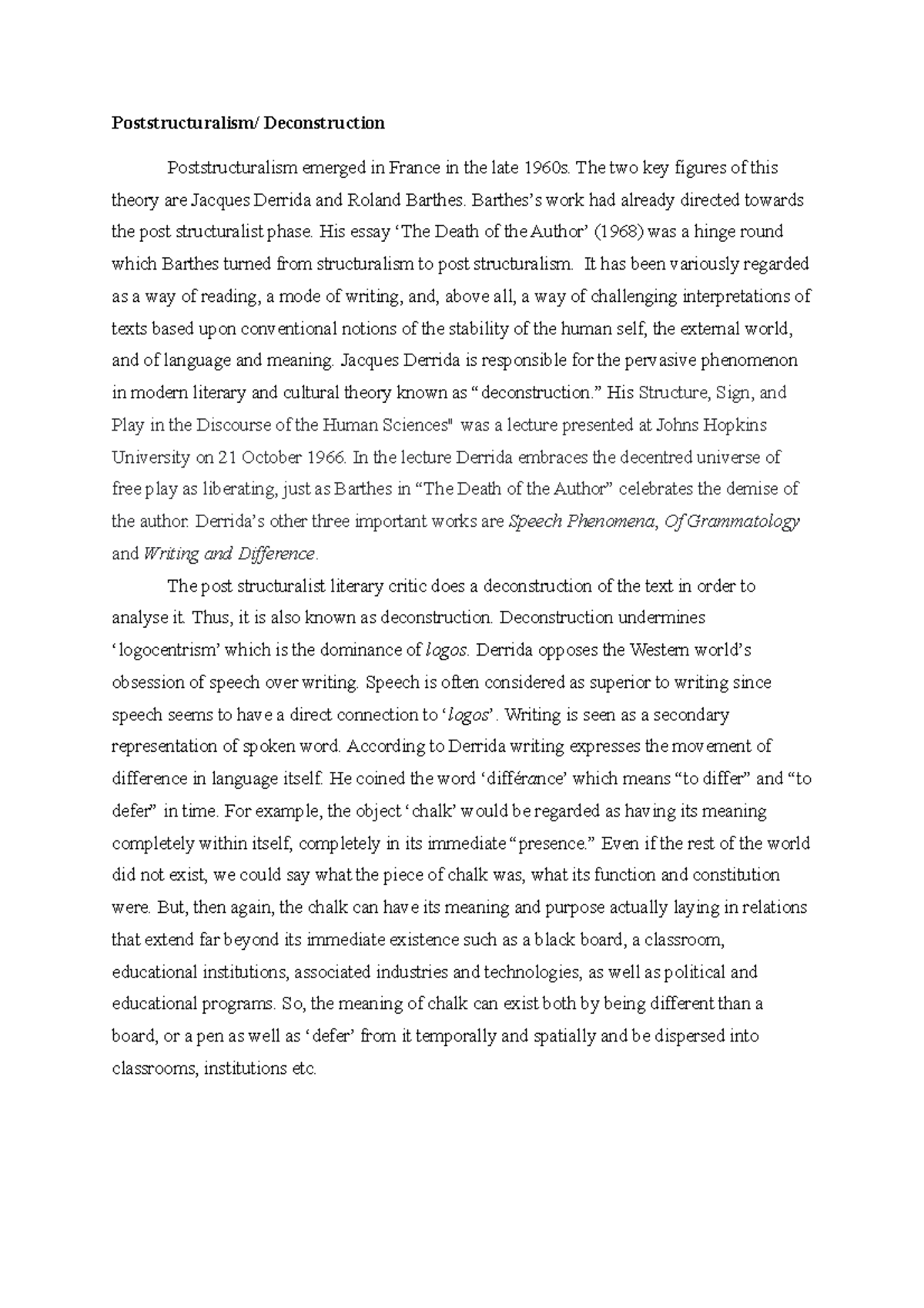 Poststructuralism Notes Poststructuralism/ Deconstruction