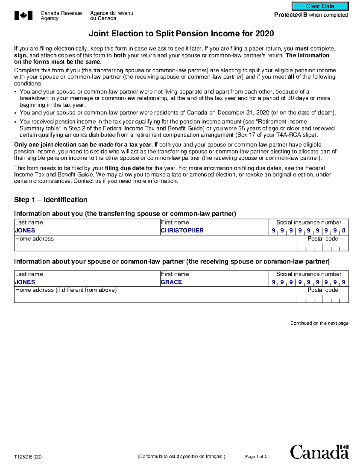 Clear Data Protected B when completed Joint Election to Split Pension ...
