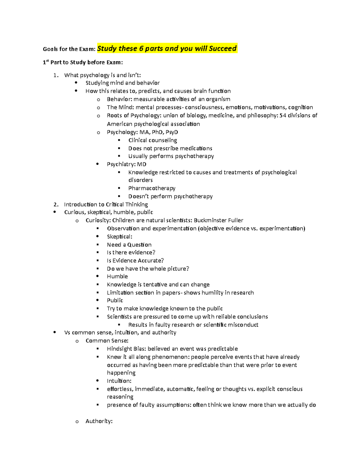 Psych Test 1 Study Guide - Goals for the Exam: Study these 6 parts and ...