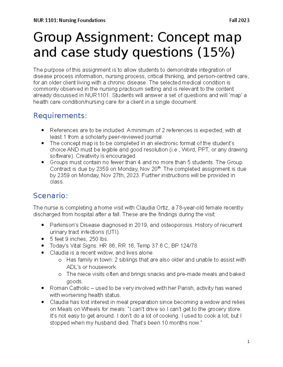 NUR 1101 Concept map and case study assignment - Group Assignment ...