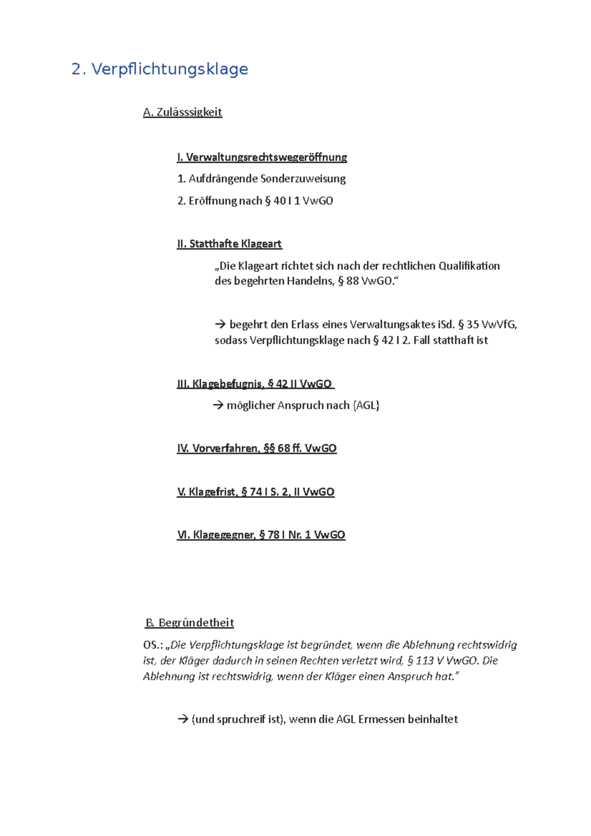 Verpflichtungsklage - 2. Verpflichtungsklage A. Zulässsigkeit I ...