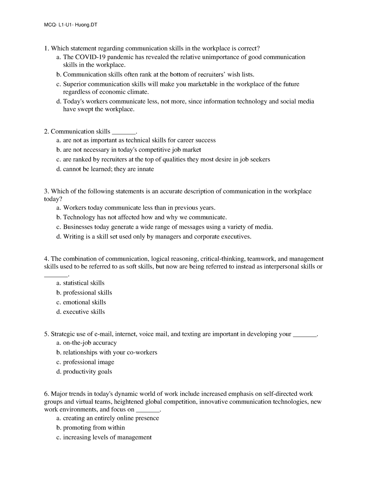 MCQL1-U1-đã gộp - fullll - MCQ- L1-U1- Huong Which statement regarding ...