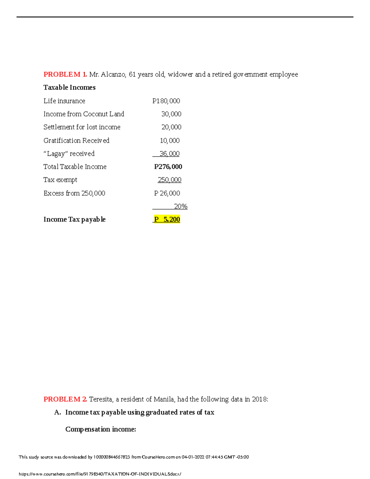 Taxation Problems. Mr. Alcanzo PROBLEM 1. Mr. Alcanzo, 61