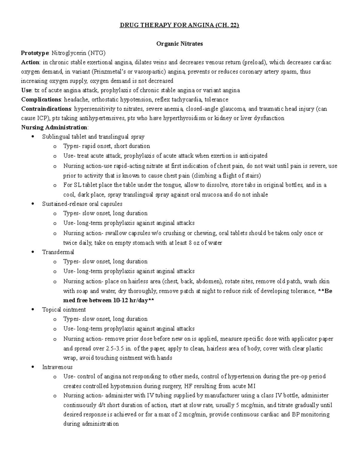 Angina Meds - Rhythms - DRUG THERAPY FOR ANGINA (CH. 22) Organic ...