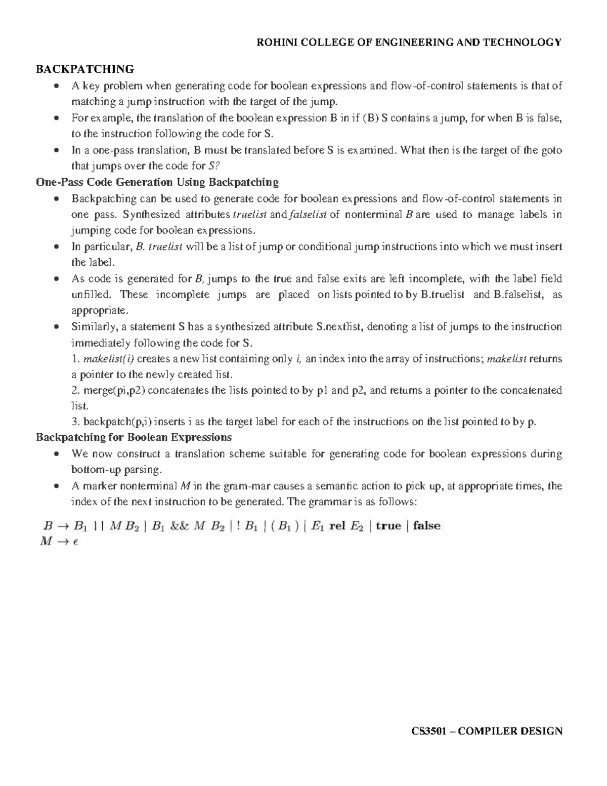 Backpatching - backpaching - ROHINI COLLEGE OF ENGINEERING AND ...