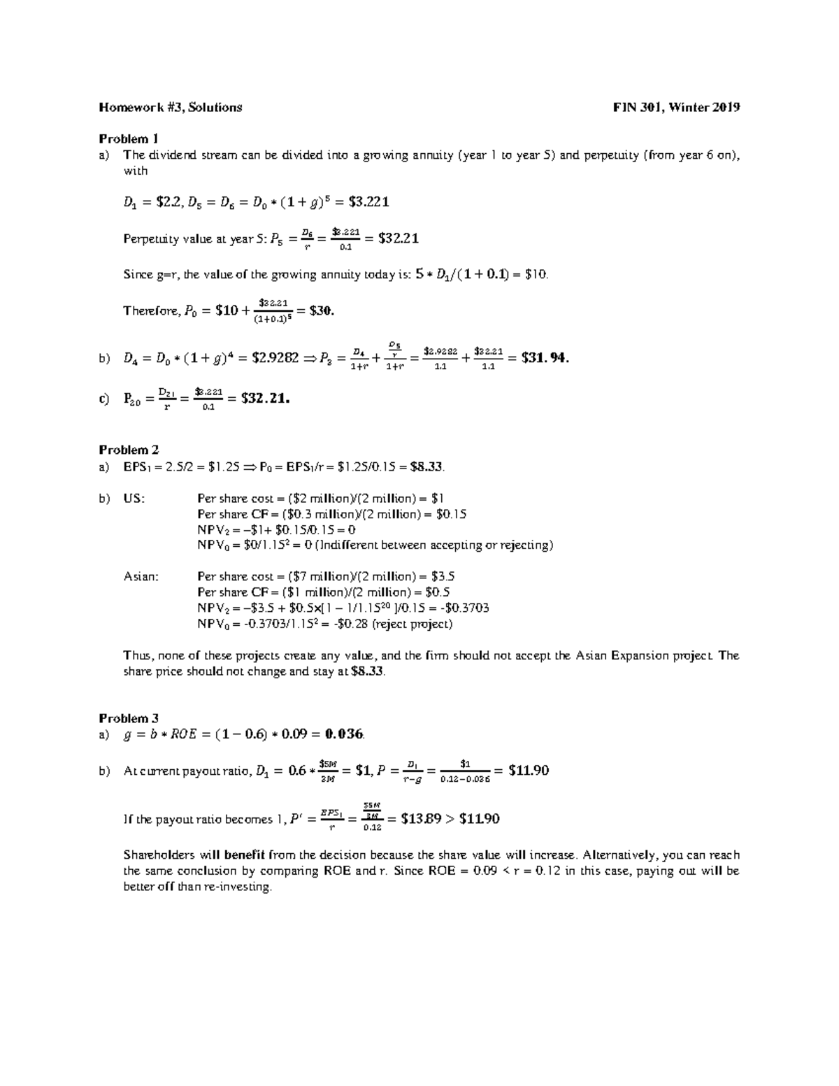 Homework 3, solutions - Practice - FNCE 301 - MacEwan - Studocu