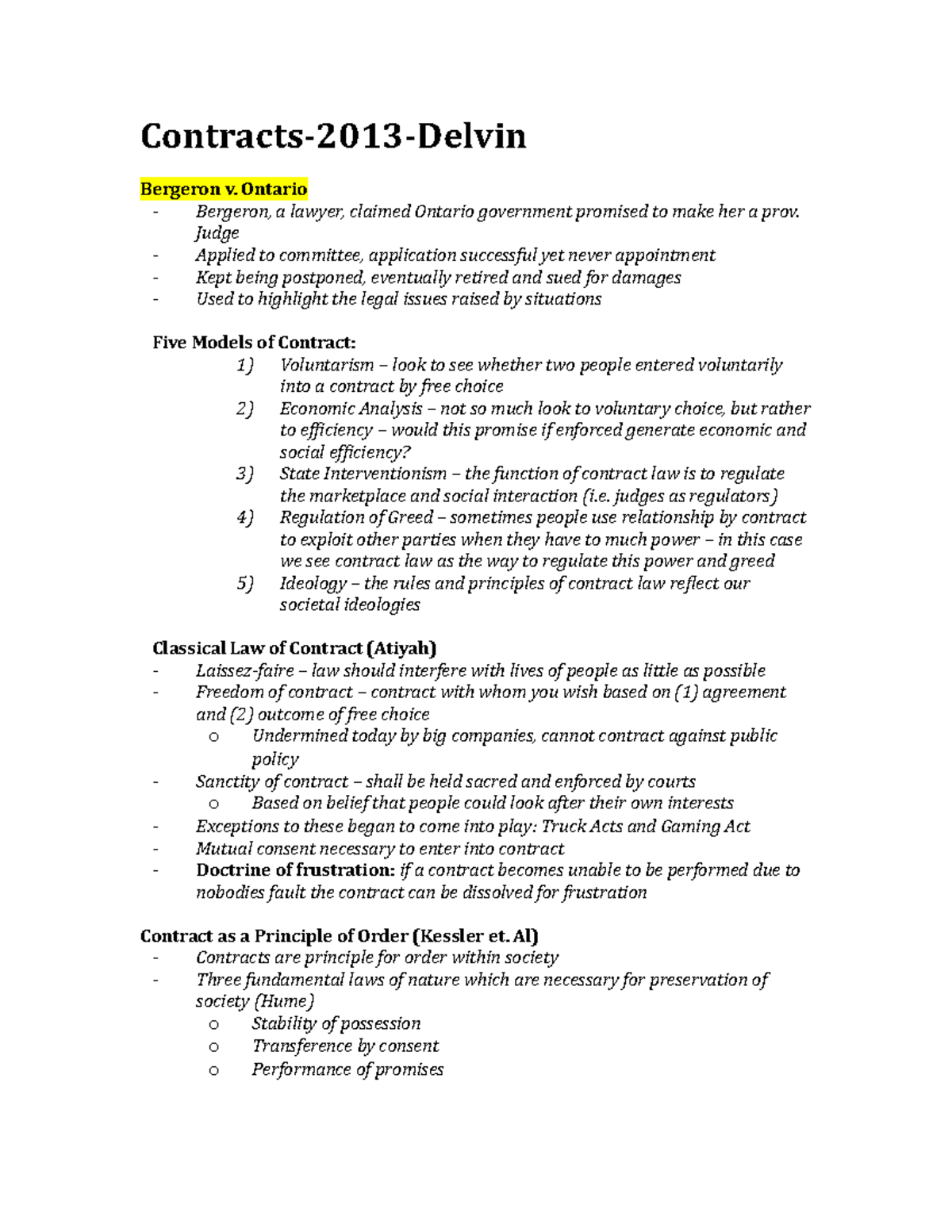 1L Contracts Professor Devlin 2013 Contracts2013Delvin Bergeron v. Ontario Bergeron, a
