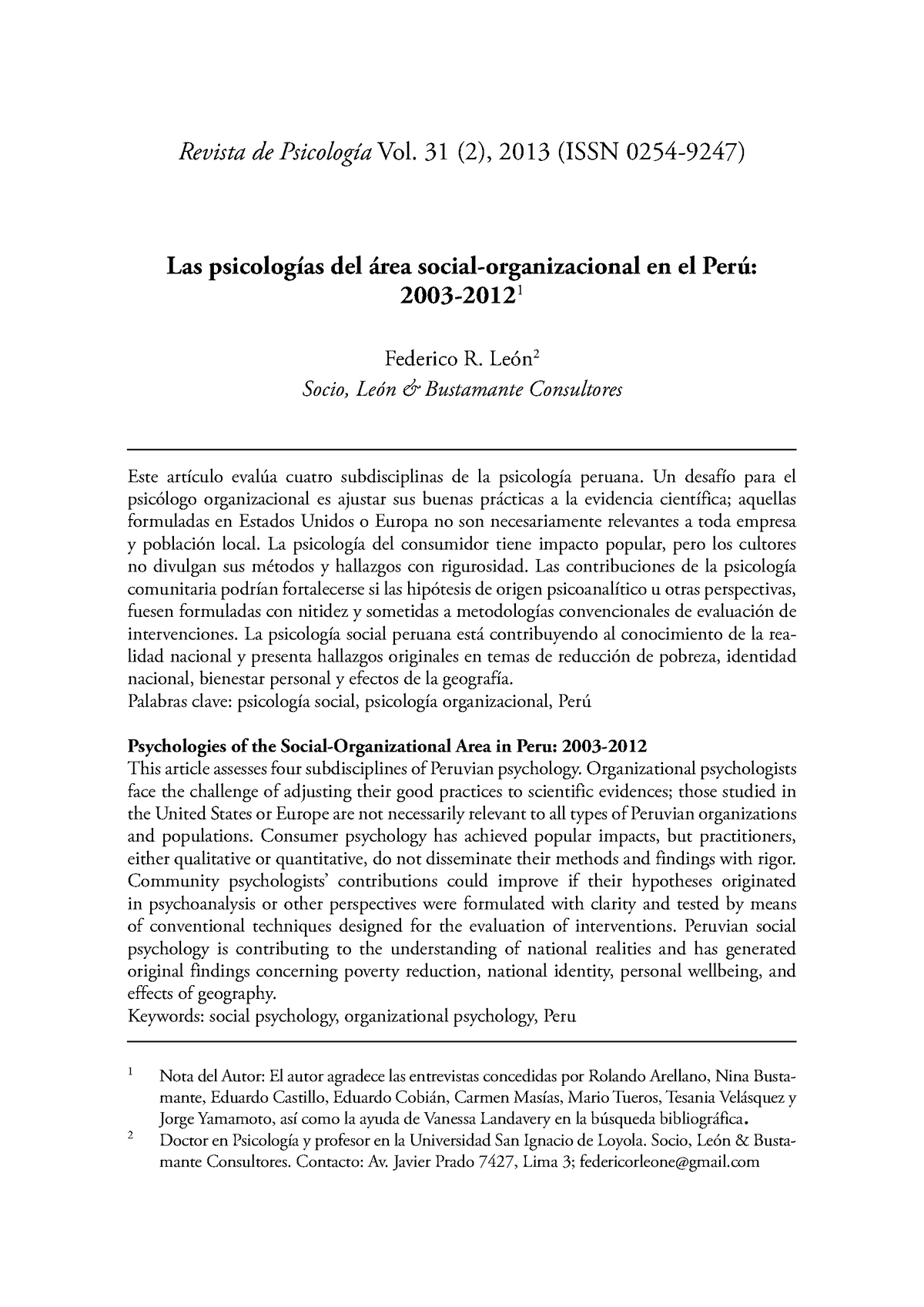 Lectura Psicología Del área Social-organizacional En El Perú 2003-2013 ...