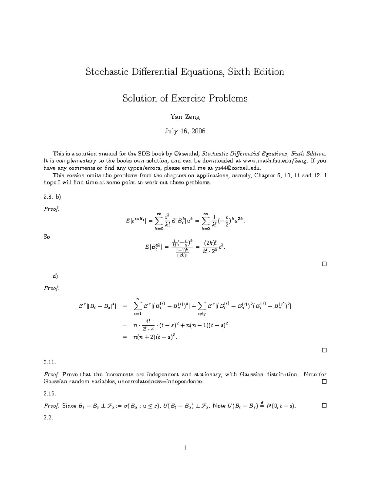 Oksendal solutions 2 - Stochastic Differential Equations, Sixth Edition ...