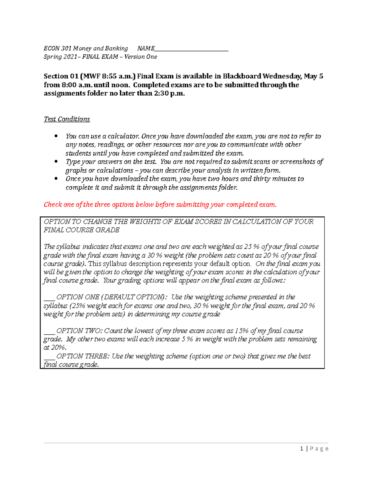 1 FV ECON301Final Exam SP2021 - ECON 301 Money and Banking NAME