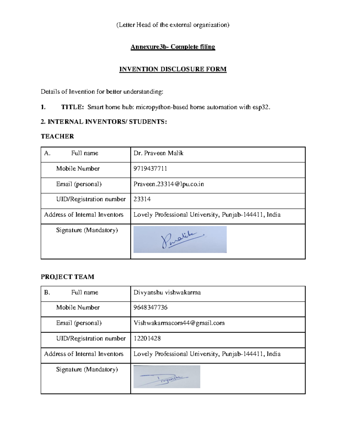 Patent ece283 - Annexure3b- Complete filing INVENTION DISCLOSURE FORM ...