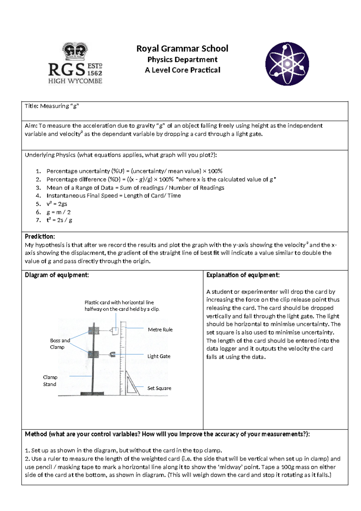 Measuring g - Core Practical 1 Edexcel - Physics Department A Level ...