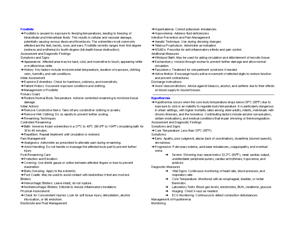 For flashcards - Med-surg nursing emergency - Frostbite Frostbite is ...