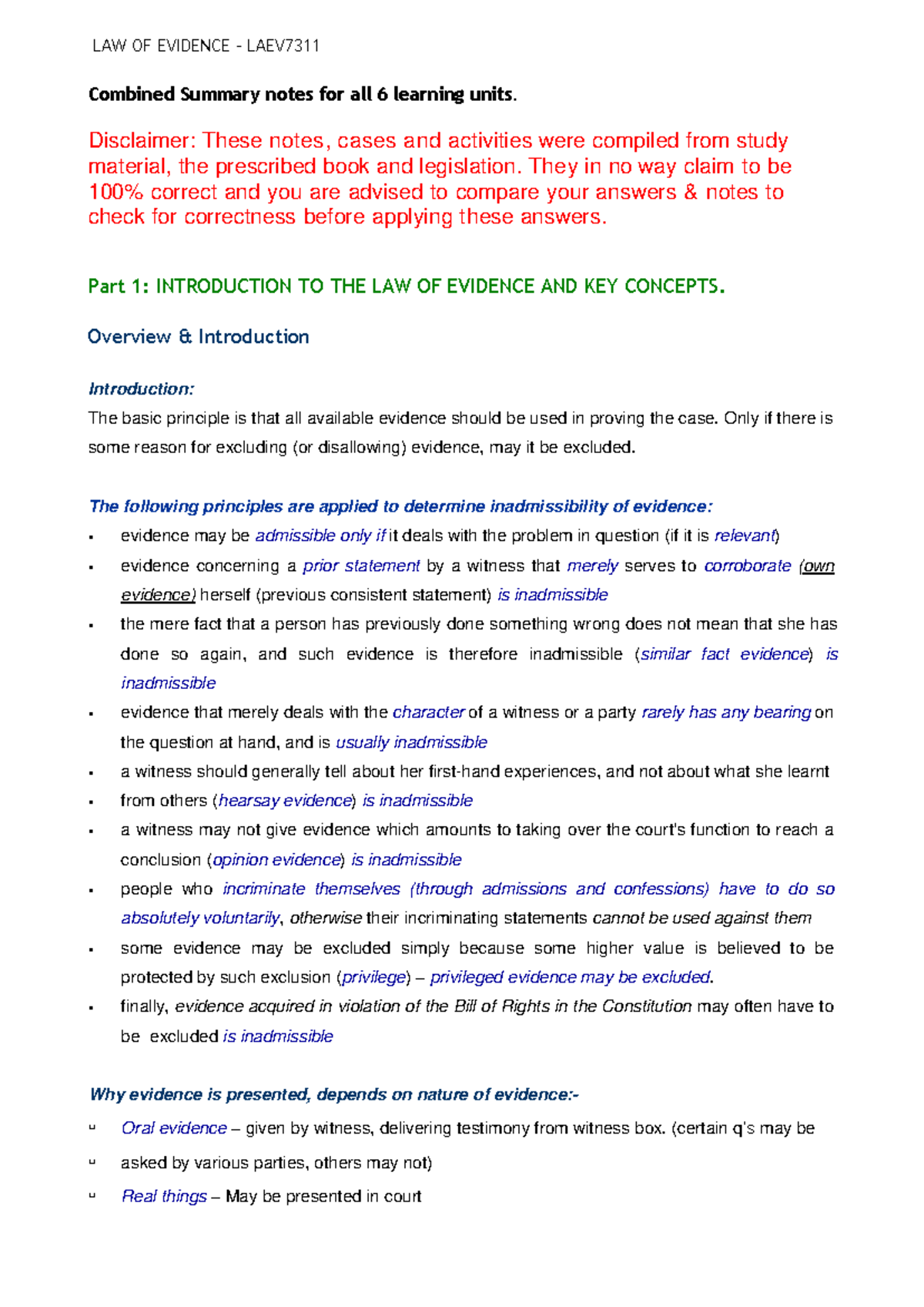 Notes Combined Learning Units - LAW OF EVIDENCE – LAEV7 311 Combined ...