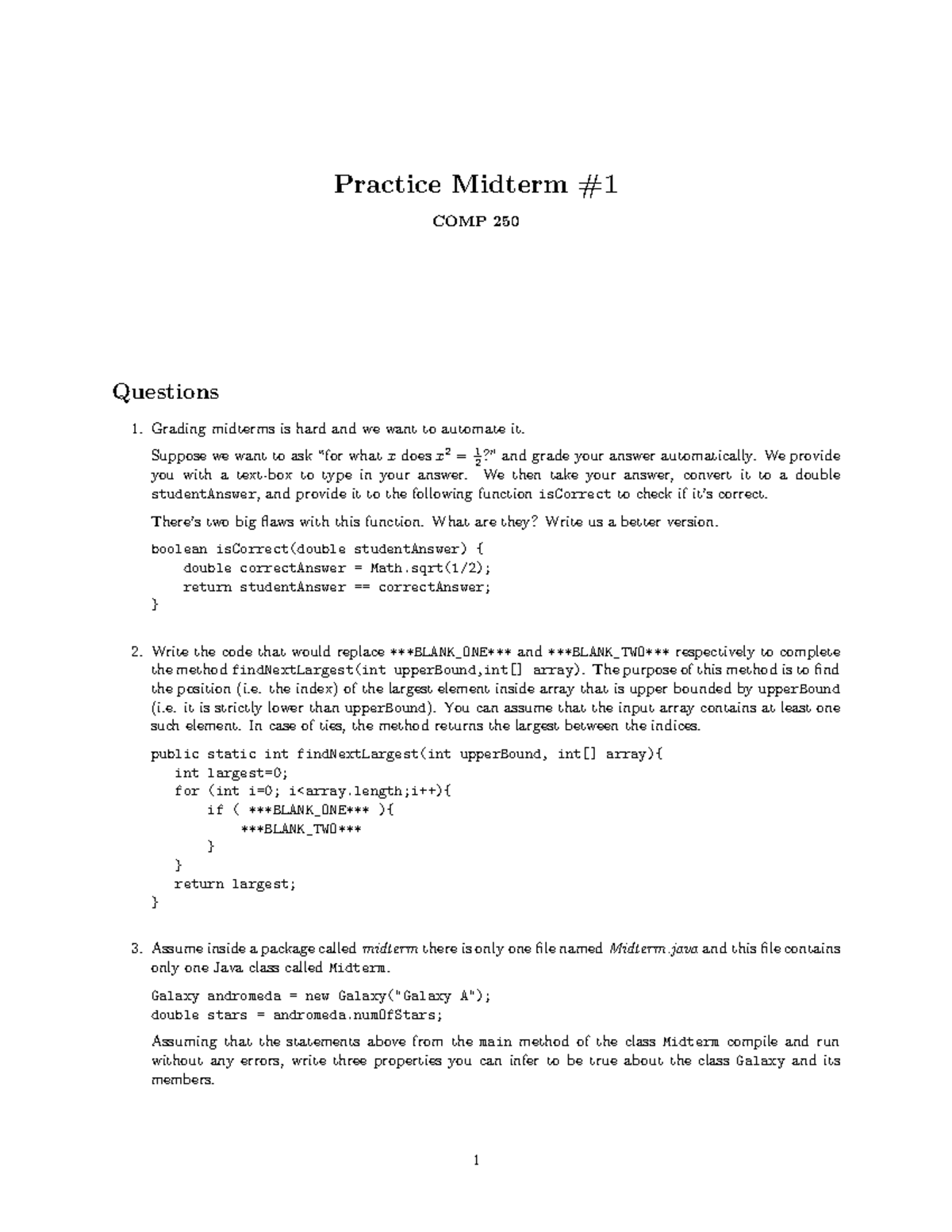 COMP250 Practice Midterm 1 1 - Practice Midterm COMP 250 Questions ...